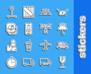 Sticker - Set line Fragile broken glass symbol, Umbrella and rain drops, Railway carriage, Mobile phone with app delivery tracking, Pizza cardboard box, Scale and Delivery drone the package icon. Vector