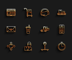 Sticker - Set line Cardboard box with traffic symbol, Delivery man cardboard boxes, Laptop app delivery tracking, Scale, Stopwatch, Coffee cup, Mobile phone and Forklift truck icon. Vector