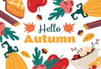 Hello autumn banner poster cover concept composition. Graphic design element illustration
