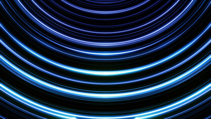 Poster - Neon colorful bended lines blinking on black background, seamless loop. Animation. Arc shaped narrow stripes of blue and lilac colors moving and shimmering.