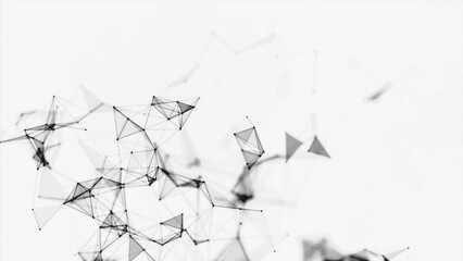 Poster - Connected black triangles moving slowly on white background, monochrome. Stock. Abstract volume geometrical figures floating and blinking, seamless loop.