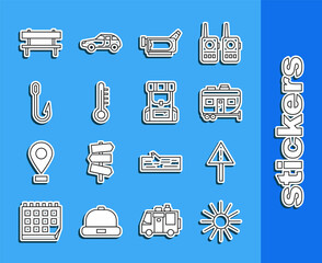 Sticker - Set line Sun, Exclamation mark in triangle, Rv Camping trailer, Cinema camera, Meteorology thermometer, Fishing hook, Bench and Hiking backpack icon. Vector