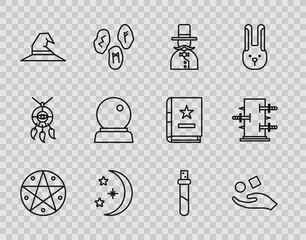 Poster - Set line Pentagram in a circle, Cube levitating above hand, Magician, Moon stars, Witch hat, ball, Bottle with love potion and Trunk for magic tricks icon. Vector