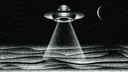Wall Mural - undefined flying object in space. futuristic landscape, with noise texture . night landscape with st