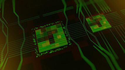 Poster - Green technological background, circuit board and code on dark blue background. Animation. Abstract micro chip, cyber security and modern technologies concept.