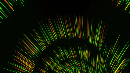 Poster - Glowing red, green, yellow lines rotating and forming a funnel. Animation. Colorful vortex spinning on black background, seamless loop.