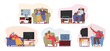 Set of Senior People Watching Tv, Elderly Male and Female Characters Sitting on Comfortable Armchair Having Fun, Relax