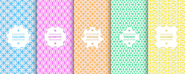 Collection of bright seamless ornamental colorful patterns - symmetric grid geometric textures. Ornate vibrant backgrounds