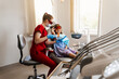 © Rabizo Anatolii - Child prepare for Uv illumination of photopolymer tooth filling in dentistry. Dentist in red protective glasses treats and removes caries in kid girl patient.