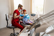 © Rabizo Anatolii - Child prepare for Uv illumination of photopolymer tooth filling in dentistry. Dentist in red protective glasses treats and removes caries in kid girl patient.