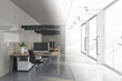 Hand modern drawn coworking office interior plan. Blueprint and workplace concept. 3D Rendering.