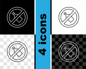 Wall Mural - Set line No alcohol icon isolated on black and white, transparent background. Prohibiting alcohol beverages. Forbidden symbol with beer bottle glass. Vector