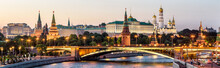 Moscow Kremlin At Dusk, Russia. Panoramic View Of Moscow City Center