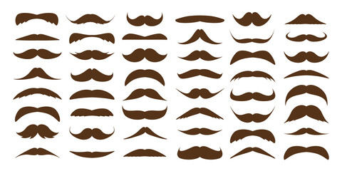 Various brown mustache collection. Vintage, retro mustaches. Facial hair, hipster beard. Vector illustration