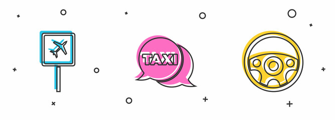 Poster - Set Airport, Taxi call telephone service and Steering wheel icon. Vector