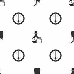 Sticker - Set Cocktail, Whiskey bottle and glass and Wooden barrel on seamless pattern. Vector