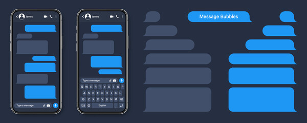 Realistic smartphone with messaging app. Blank SMS text frame. Conversation chat screen with blue message bubbles. Social media application. Vector illustration.