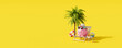 Piggy bank resting in beach chair on yellow background. Summer vacation concept 3d render 3d illustration