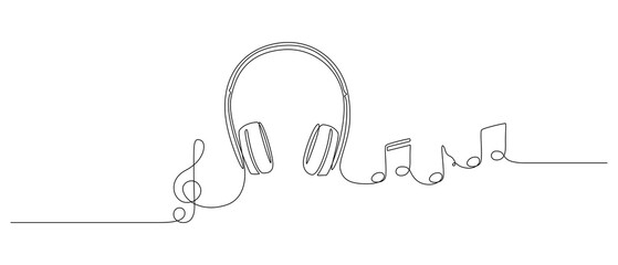 Aufkleber - Continuous one line drawing of headphones speaker with music notes and Treble clef. Headset gadget and earphones devices in simple linear style. Editable stroke. Doodle vector illustration