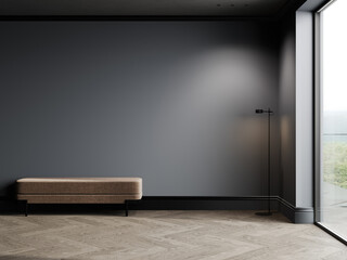 dark grey empty wall mockup in modern interior design with beige pouf, 3d rendering