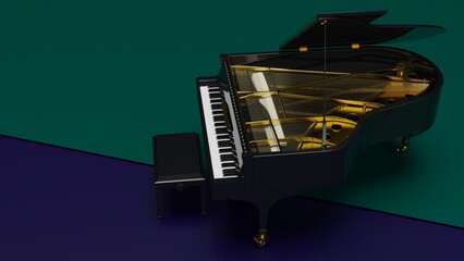 Purple-gold Grand Piano under deep blue-green suface background. 3D illustration. 3D CG. 3D high quality rendering.  