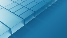 Translucent Blocks On A Blue Surface. Futuristic Tech Concept With Copy Space. 3D Render.