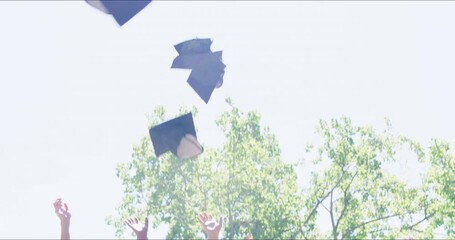 Sticker - Happy students throwing hats into the air on graduation day. Excited and motivated graduates cheering and celebrating their academic achievement. Diverse group of friends excited for a bright future