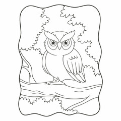 cartoon illustration owl is perching on a big tree trunk during the day book or page for kids black 