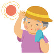 暑さの中で汗を拭いている麦わら帽子を被った高齢の女性