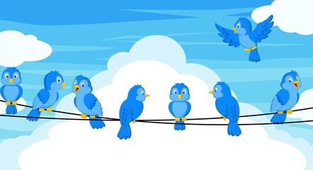 Wall Mural - set of blue bird cartoon sitting on wires