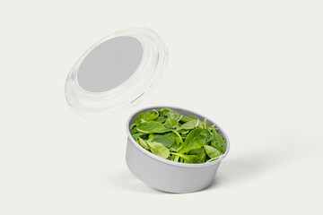 Wall Mural - Takeaway food container round box mockup with vegetable and fruit, copy space for your logo or graphic design