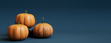 Contemporary Autumn Banner With A Collection Of Pumpkins On Blue Grey Background.