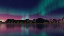Purple And Green Aurora Sky Over Rocky Mountains. Magical Northern Lights Banner With Copy-space.
