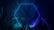 Tropical Leaves Illuminated With Green And Purple Fluorescent Light. Exotic Environment With Hexagon Shaped Neon Frame.