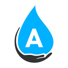 Wall Mural - Letter A Hand and Water Logo Concept. Water Care Logo Vector Template