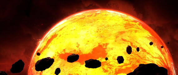 Wall Mural - asteroids flying in space fall on planet, belt of large metallic asteroids enters the planet atmosph