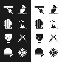 Poster - Set Tropical island in ocean, Wooden barrel, Pirate eye patch, parrot, Skull, Crossed pirate swords, Ship steering wheel and bandana for head icon. Vector