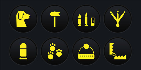 Poster - Set Bullet, Bird footprint, Paw, Winter hat, and cartridge, Road traffic sign, Trap hunting and Dog icon. Vector