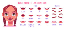 Kid Mouth Animation With Different Facial Expressions. Little Caucasian Girl Cartoon Character Lip Sync Sound Pronunciation And Phoneme, Mouth Talk And Eyebrow Movement Chart, Vector Illustration Set.