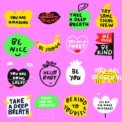 Wall Mural - Set of stickers, phrases. Hand lettering. Vector hand drawn illustrations on pink background.