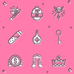 Poster - Set Sword for game, Video bar, Magic staff, Bottle with potion, Old key, Ancient coin and Medieval helmet icon. Vector