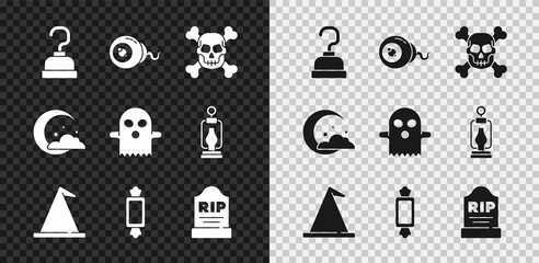 Wall Mural - Set Pirate hook, Eye, Skull on crossbones, Witch hat, Candy, Tombstone with RIP written, Moon stars and Ghost icon. Vector