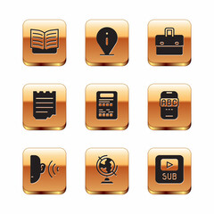 Sticker - Set Open book, Ear listen sound signal, Earth globe, Exam sheet, Notebook, Briefcase, Video with subtitles and Information icon. Vector