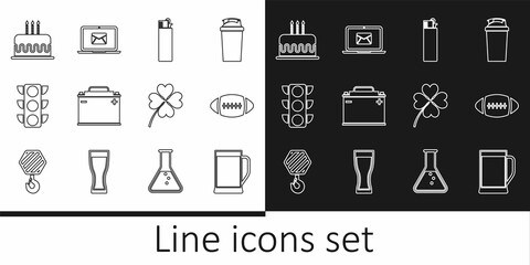 Poster - Set line Glass of beer, American Football ball, Lighter, Car battery, Traffic light, Cake with burning candles, Four leaf clover and Laptop envelope icon. Vector