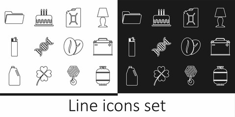 Sticker - Set line Propane gas tank, Car battery, Canister for gasoline, DNA symbol, Lighter, Folder, Coffee beans and Cake with burning candles icon. Vector