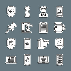 Wall Mural - Set line Smartphone with contacts, User protection, Coffee pot, Graduate graduation cap, machine and cup, Push pin, Shield heart rate and Clipboard dental card icon. Vector