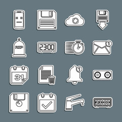 Poster - Set line Retro flip clock, Stereo speaker, New, email incoming message, Cloud sync refresh, Digital alarm, Tombstone with RIP written, Dead mobile and Stopwatch icon. Vector