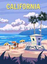 California Retro Poster. Family, Lifeguard House On The Beach, Surfer, Palm, Coast, Surf, Ocean. Vector Illustration Vintage