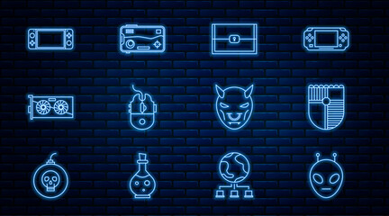 Poster - Set line Alien, Shield for game, Chest, Computer mouse gaming, Video graphic card, Portable video console, Mask of the devil with horns and Mobile and playing icon. Vector