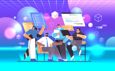 Poster - businesspeople in virtual reality glasses analyzing financial data on charts and graphs planning rep